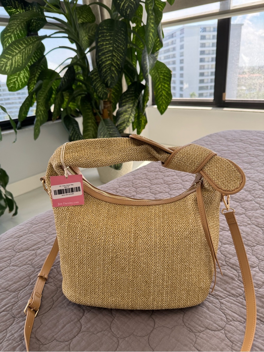JUST DARVINY Woven Straw Hobo Bag with Adjustable Strap & Bow - Natural/Tan. NEW